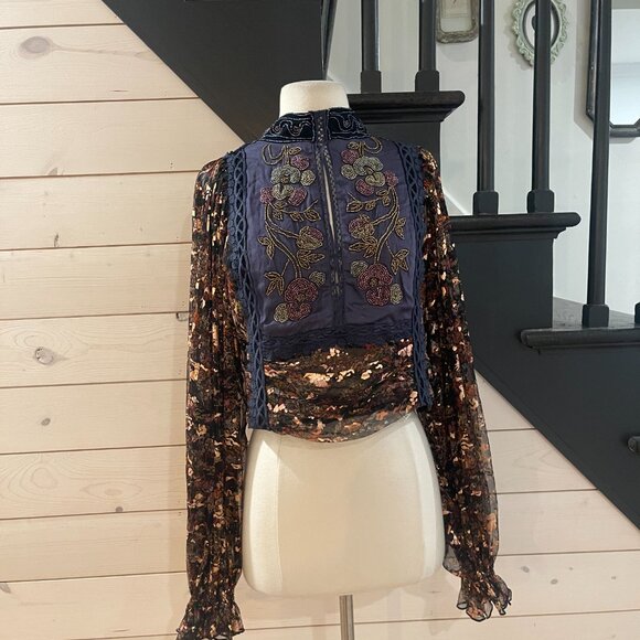 071 Free People Camille Embellished Beaded Foil Statement Top Blouse - Picture 4 of 14